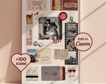 Póster collage de fotos personalizado con forma de caja de cerillas, plantilla editable de Canva para parejas, regalo de aniversario, boda o San Valentín.
