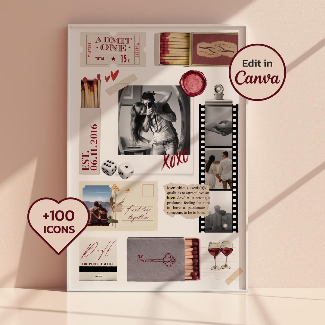 Matchbook Photo Poster Canva Template Anniversary Gift (digital