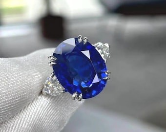 7Ct Lab Created Blue Sapphire Engagement Ring, White Gold Moissanite Accent