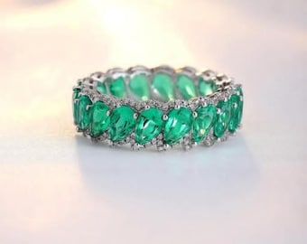 Lab Grown Emerald Pear Cut Ring, Moissanite Halo, White Gold Bridal Band