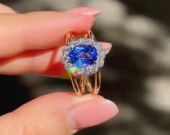 Princess Diana Inspired Ring 4 CT Oval Blue Sapphire & Diamond Halo 14K Yellow Gold Royal Vintage Engagement Ring Gift for Her Proposal Ring