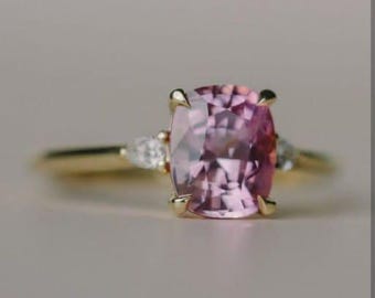 Rare Pastel Blush Pink Genuine Lab Grown Sapphire Engagement Ring, 4 Carats 8*10 Cushion Light Padparadscha Sapphire Ring, Three Stone Ring