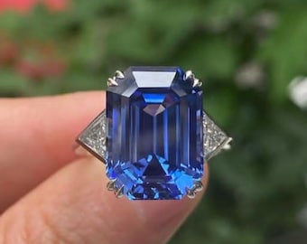 Emerald Cut 6 Ct Blue Sapphire Ring, Triangle Moissanite, Sterling Silver