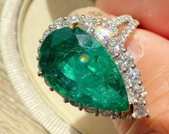 Lab Grown Emerald Engagement Ring: Pear Cut, Hidden Halo, Simulated Diamonds