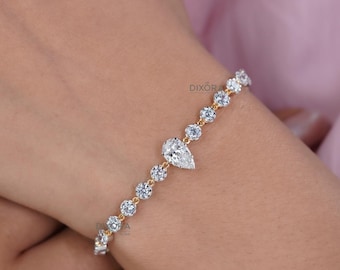 Pear And Round Lab Grown Diamond Bracelet, IGI Certified Diamond Bridal Bracelet, 14k Solid Gold Bracelet Gift For Her