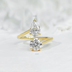 Lab Grown Diamond Toi et Moi Ring | Pear & Round Cut Engagement Ring| Yellow Gold Open Band| Two Stone Bridal Ring| Anniversary Gift for Her