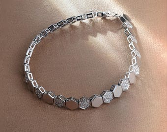 Hexagon Setting Round Diamond Tennis Bracelet, Gold Vermeil Plated Gift,925 Sterling Silver Bracelet For Women, Anniversary, Luxury Bracelet
