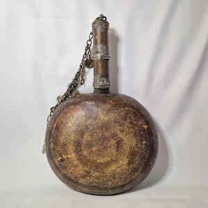 1850 Ottoman Powder Flask, Antique Leather Covered Gunpowder Flask