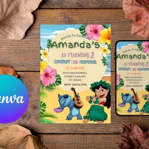 Stitch Birthday Invitation, Lilo Stitch Birthday Invite, Girl Party Birthday Invitation, Editable Stitch Invitation