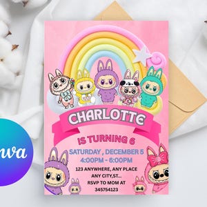 Labubu-verjaardagsuitnodiging: bewerkbare canva-sjabloon (digitale download)