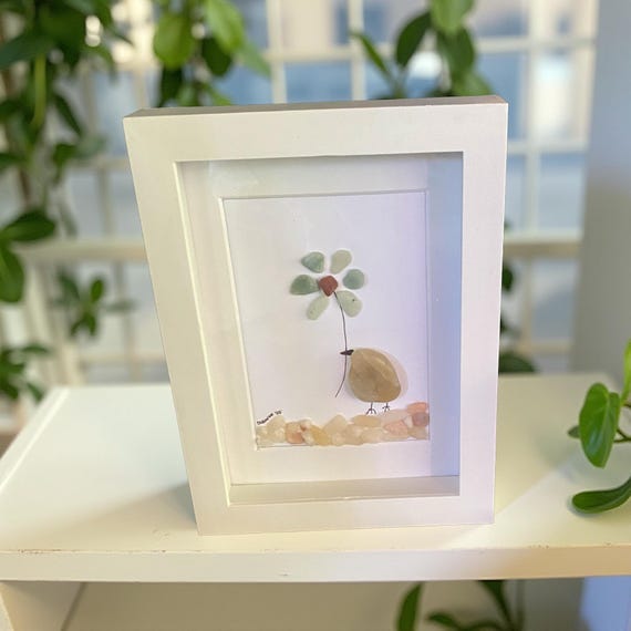 River Rock Wren Shadow Box Art: Sandy Beach Pebble Art