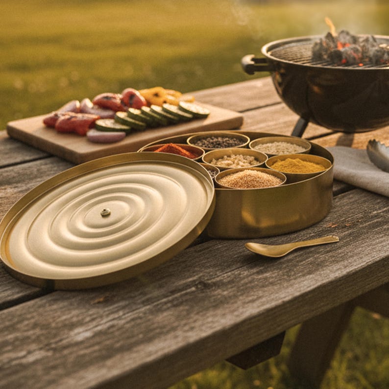 May include: A golden spice container with an open lid, revealing various spices in individual compartments. A small golden spoon rests beside it. Sliced vegetables and a grill are in the background, suggesting outdoor cooking.