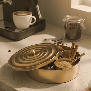 May include: A gold-colored spice container with a lid, featuring a central knob and concentric circle design. The container is partially open, revealing compartments filled with spices, cinnamon sticks, and a small spoon. A white coffee cup and a jar are in the background.
