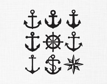 Peut inclure: Illustrations nautiques noires sur fond blanc. L'image présente divers modèles d'ancres, une roue de navire et une rose des vents. Les dessins sont simples et audacieux, parfaits pour les projets sur le thème maritime.
