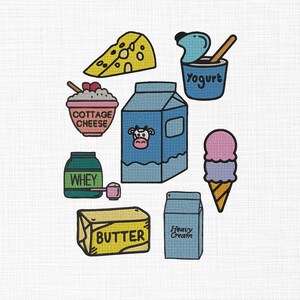 May include: A collection of illustrated dairy products including cheese, yogurt, cottage cheese, milk, whey, butter, heavy cream, and ice cream. Each item is outlined in black with bright colors and labels.