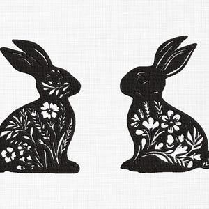 Broderidesignset med blommig kanin: Elegant kaninsilhuett (digital nedladdning)
