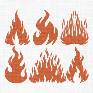 Könnte beinhalten: Sechs orangefarbene Flammenmotive auf weißem Hintergrund. Die Flammen variieren in Form und Größe, einige haben spitze Punkte und andere abgerundete Kanten. Die Designs sind wahrscheinlich für Stickereien oder digitale Kunst gedacht.