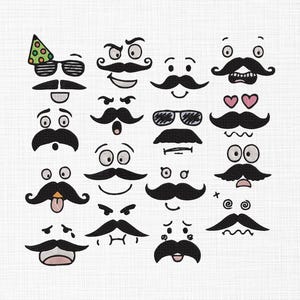 May include: A collection of whimsical mustache and face illustrations in black ink on a white background. Each face has a unique expression, with variations including sunglasses, party hats, and heart-shaped accents. The style is playful and cartoonish.