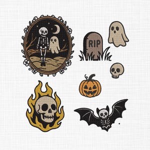 Halloween Embroidery Design Set Skeleton, Ghost, Skull, Bat & Pumpkin Machine Embroidery Spooky Digital Download