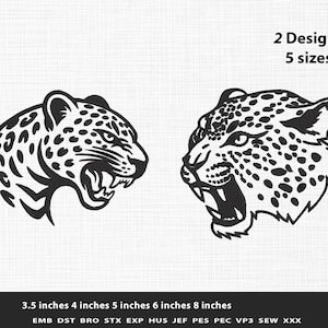 Può includere: Due disegni neri per ricamo a macchina raffiguranti teste di leopardo di profilo, entrambe con la bocca aperta che mostra i denti. Il testo recita 2 Designs, 5 sizes, 3.5 inches 4 inches 5 inches 6 inches 8 inches, e i formati EMB DST BRO STX EXP HUS JEF PES PEC VP3 SEW XXX.