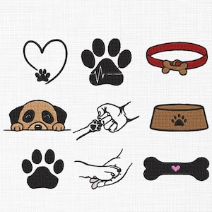 May include: A collection of embroidered dog-themed designs. Includes a heart with a paw print, a paw print with a heartbeat, a red dog collar with a bone, a dog peeking over a line, a paw shake, a dog bowl, a paw print, a hand holding a paw, and a bone with a heart.