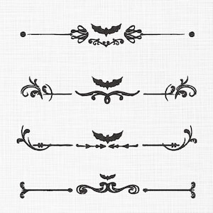 May include: Four black decorative border designs featuring bat and flourish motifs. Each design has a horizontal line with decorative elements, including bats, swirls, and dots. The designs are set against a white background.