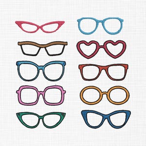 May include: An assortment of embroidered eyeglasses in various styles and colors. The collection includes cat-eye, round, and square frames in shades of pink, blue, brown, red, orange, and green. The glasses are displayed on a white background.