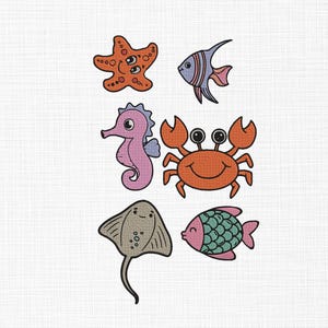 Ocean Sea Animals Embroidery Design Set Crab, Fish, Seahorse, Starfish, Stingray Machine Embroidery Files, Instant Download