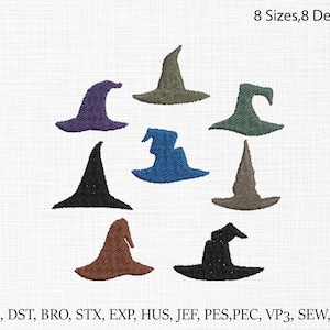 May include: An image displays eight embroidered witch hats in various colors, including purple, green, blue, and brown. The hats are arranged in a circular pattern against a white background. Text at the top reads "8 Sizes, 8 Designs."