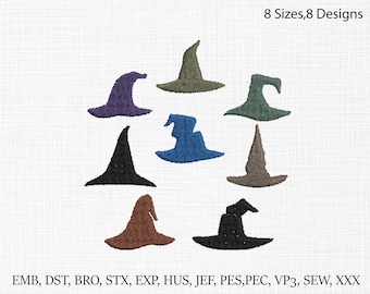 Set di disegni da ricamo per cappelli da strega: 8 stili, 8 misure (download digitale)