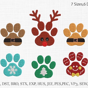 Puede incluir: Diseños bordados con huellas de patas decoradas con motivos navideños. Los diseños incluyen un reno, un copo de nieve, un árbol de Navidad y un hombre de jengibre. El texto "7 Sizes, 6 Designs" se muestra en la parte superior. La parte inferior de la imagen muestra formatos de archivo de bordado.