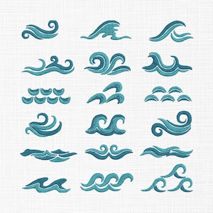 Könnte beinhalten: Eine Sammlung von türkisfarbenen Wellenstickereien auf weißem Hintergrund. Die Designs variieren in Form und Größe und zeigen verschiedene Wellenmuster. Die Stickerei hat ein strukturiertes Aussehen, das den Motiven zum Thema Ozean Tiefe verleiht.
