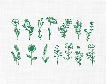 Diseño de bordado de flores con líneas botánicas, bordado a máquina con bocetos minimalistas de flores silvestres, patrones de bordado con contornos florales.