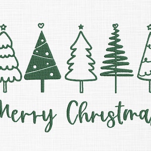 May include: A white background with five green Christmas tree designs and the words "Merry Christmas" in a script font. The trees vary in style, with star or heart toppers. The design is suitable for holiday decor.