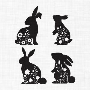 Broderidesignset med blommig kanin: Eleganta kaninsilhuetter (digital nedladdning)