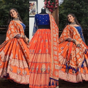 orange blue printed lehenga choli Navratri Chaniya Choli For Women