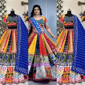 Multicolor Navratri Chaniya Choli, Heavy Muslin Cotton Lehenga & Dupatta, Real Mirror Work Festival Outfit for Women wear