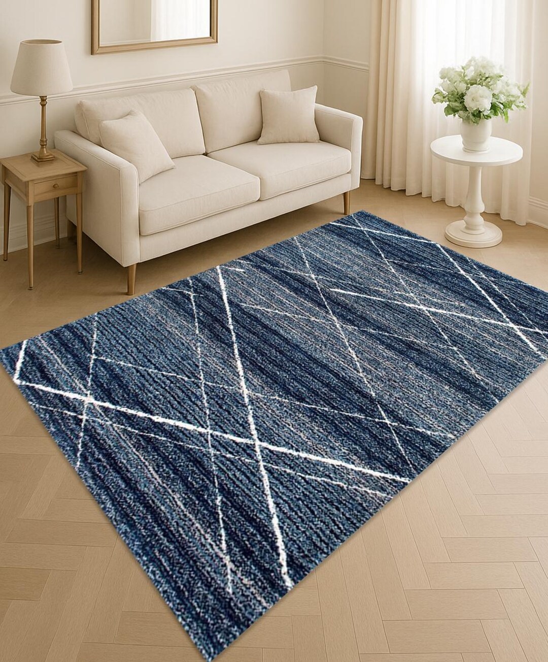 Contemporary Blue Rug Modern Blue Geometric Rug,navy Blue Area Rug,minimalist Modern Rug ...