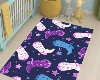 Alfombra con estampado de botas de vaquero y estrellas, colorida y estética western, morada y azul, divertida alfombra de estilo western.