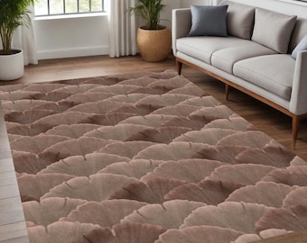 Beige Leaf Pattern rug,Art Deco Fan Desingrug,Ginkgo Leaf rug,Soft Neutral rug,Scallop Pattern rug,Organic Leaf Texture rug,Earth tone rug