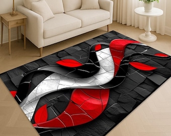 Alfombra abstracta 3D roja, negra y blanca, alfombra moderna, alfombra contemporánea, elegante alfombra con patrón 3D, alfombra para sala de estar, alfombra abstracta con textura de piedra
