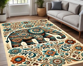 Boho Elephant Rug: Colorful Floral Mandala, Bohemian Decor