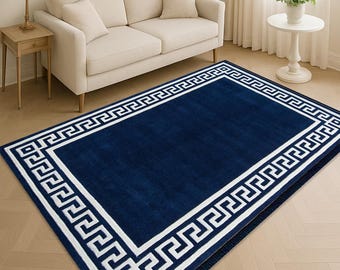 Tappeto con bordo a motivi greci blu navy, tappeto geometrico classico, tappeto blu bianco, tappeto da ingresso a motivi greci blu navy, tappeto da soggiorno