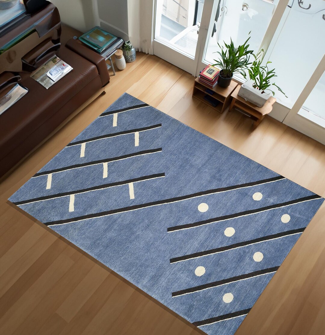 Modern Blue Geometric Rug,handmade Contemporary Wool Rug,mid-century ...