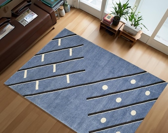 Modern Blue Geometric Rug,Handmade Contemporary Wool Rug,Mid-Century Modern Area Rug,Abstract Blue Rug,Designer Wool Rug,living room rug