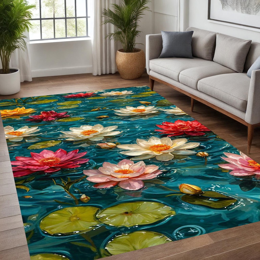 Pond/water Rug Water Lily Pond Rug: Colorful Lotus Blossom Carpet - Etsy