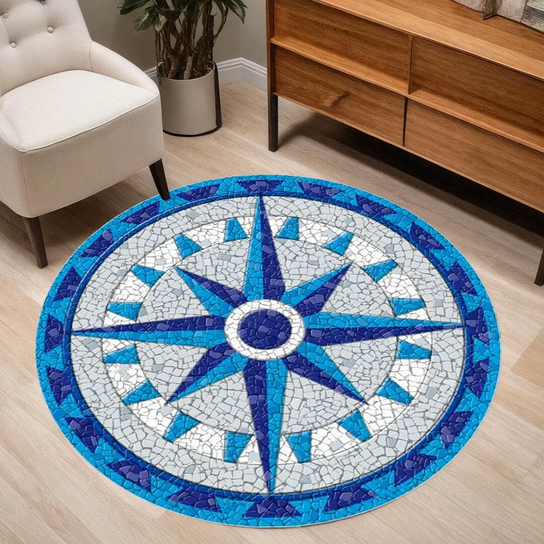 Blue Compass Rug Compass Rug,blue Compass Rose Carpet,navy Blue Nautical Rug,custom Rug ...
