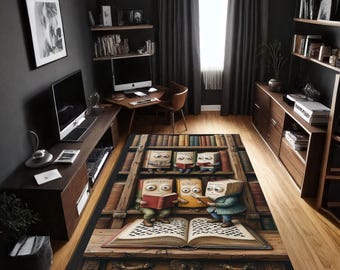 Cute Book Rug – Reading Books Design rug,Whimsical Library Rug ,Book Characters Art rug,Book Lover Rug ,Cozy Reading Room Decor rug