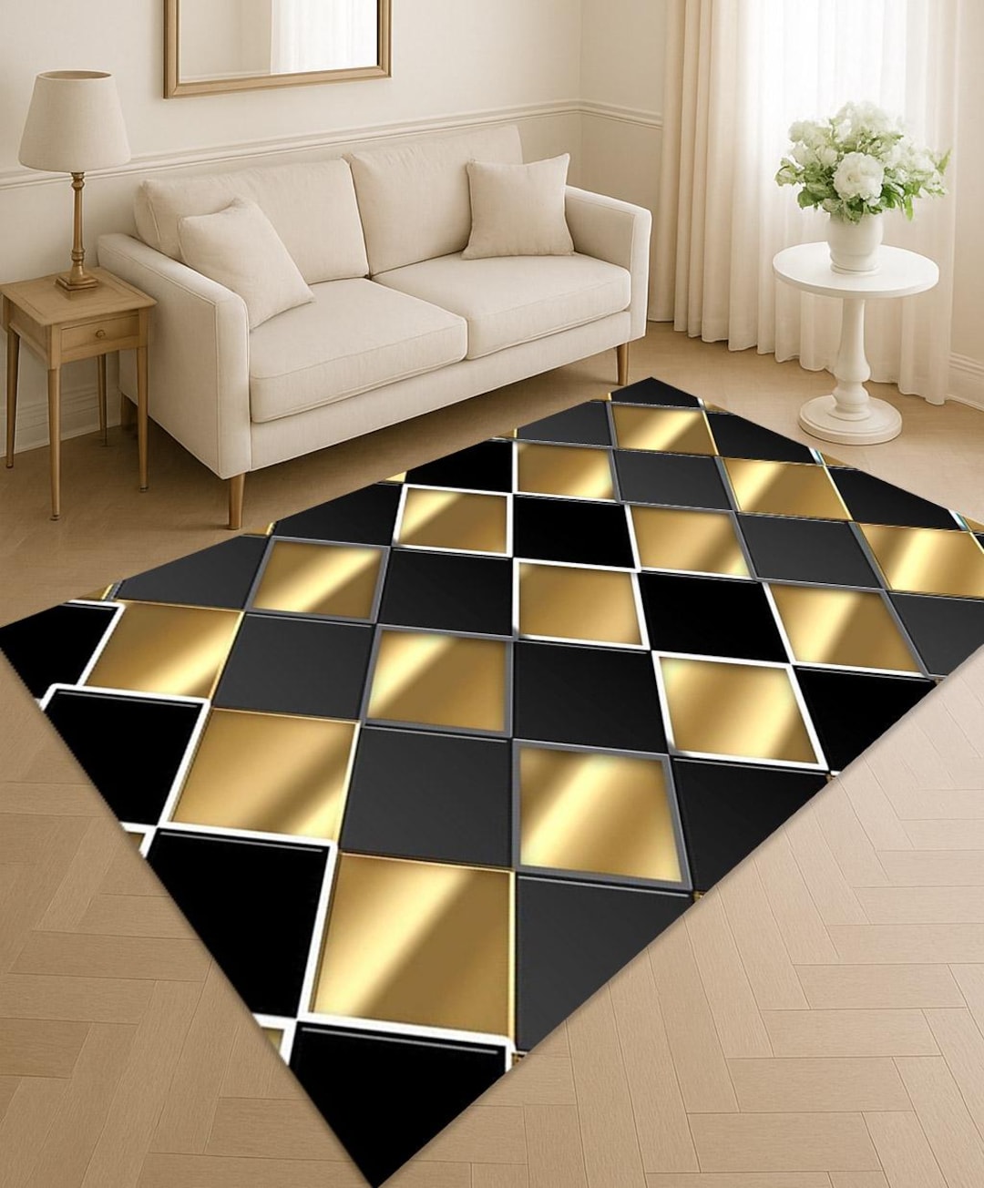 Black and Gold Geometric Diamond Rug - Modern Living Room Decor - Etsy