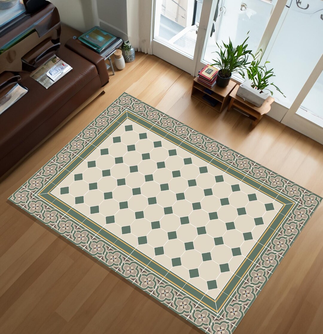 Vintage Victorian Geometric Tile Pattern Rug,green Beige Retro Floor ...